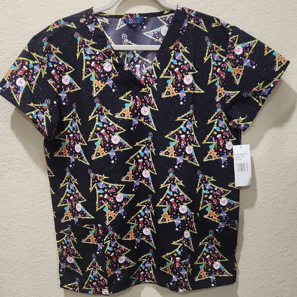 Black Holiday Tree Print Women's Scrub Top
